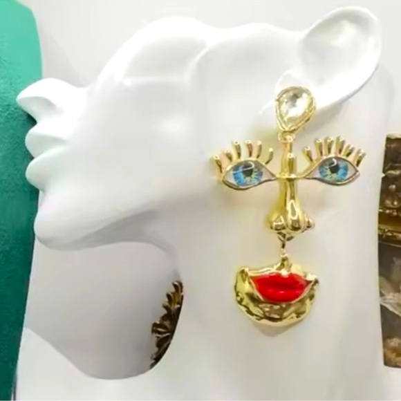 Anthropologie Visage Surrealism Gold Blue Eyes Earrings - Picture 2 of 8